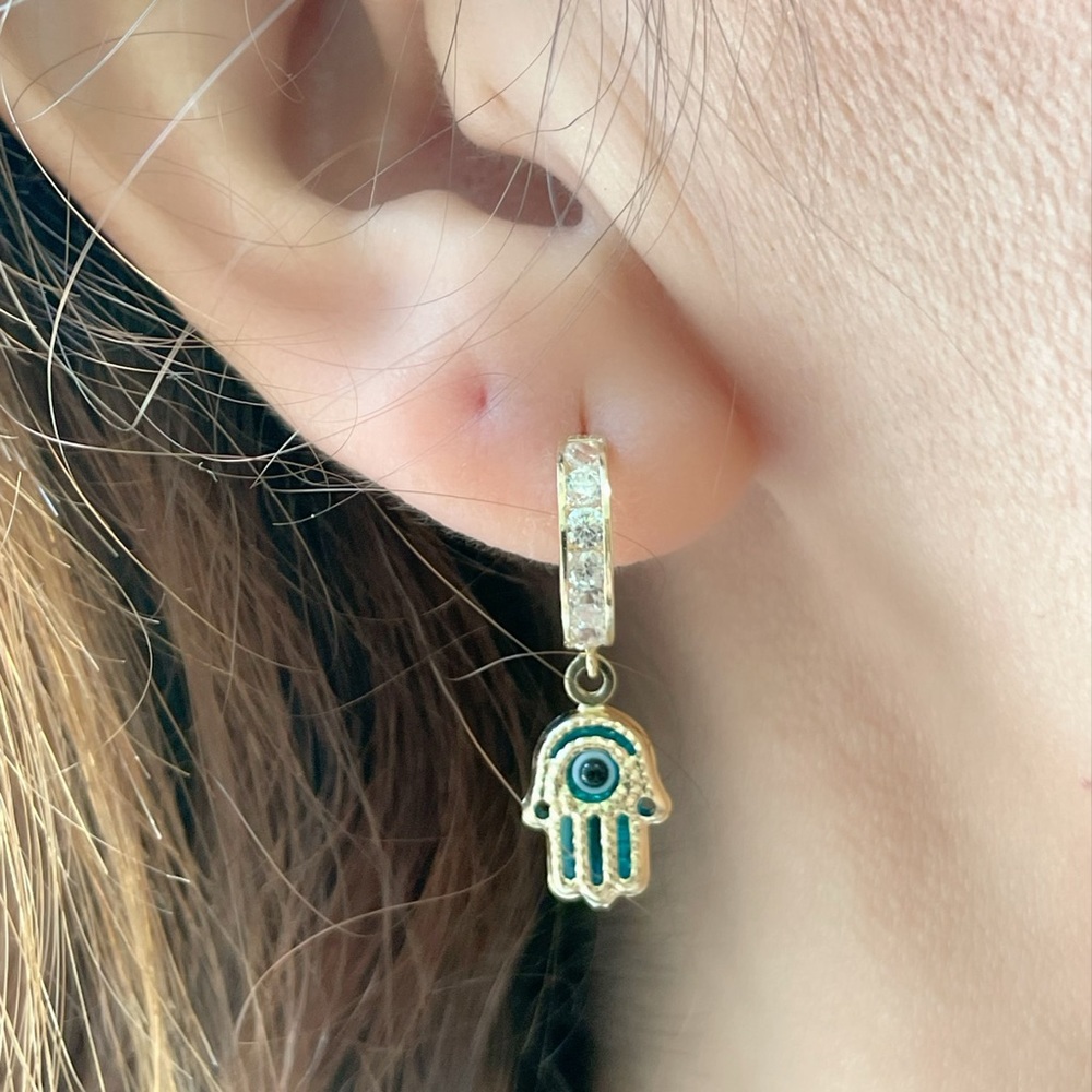 14k Yellow Gold Hamsa Dangle Huggie Earrings,